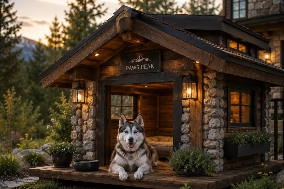 Rustic luxury cabin dog house with timber beams, natural stone accents, warm lantern lighting, and a cozy porch, featuring a happy Siberian Husky.