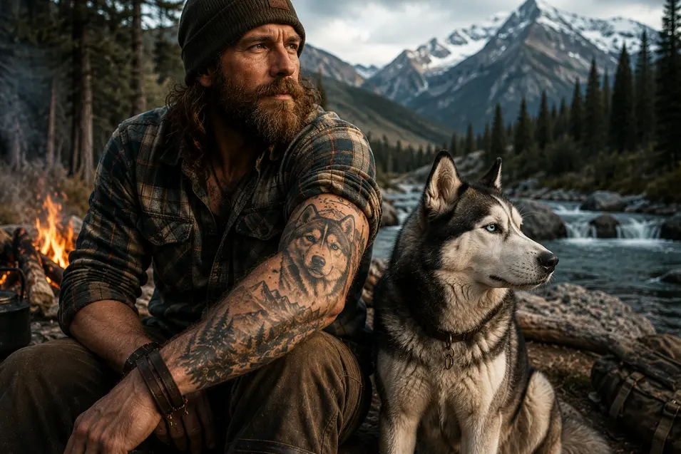 Mountain man beside his loyal Husky in a rugged wilderness, showcasing a detailed forearm tattoo against majestic alpine peaks and forest rivers.