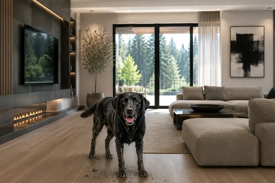 Wet, muddy black Labrador standing on luxury vinyl plank flooring in a modern living room with clean lines, neutral furnishings, and large windows.