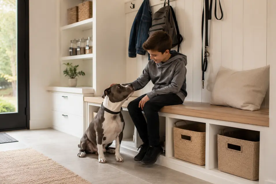 Young boy sitting on a built-in bench in a bright minimalist mudroom, gently petting an American Staffordshire Terrier beside organized storage cubbies, woven baskets, and hanging leashes in a stylish dog-friendly entryway.