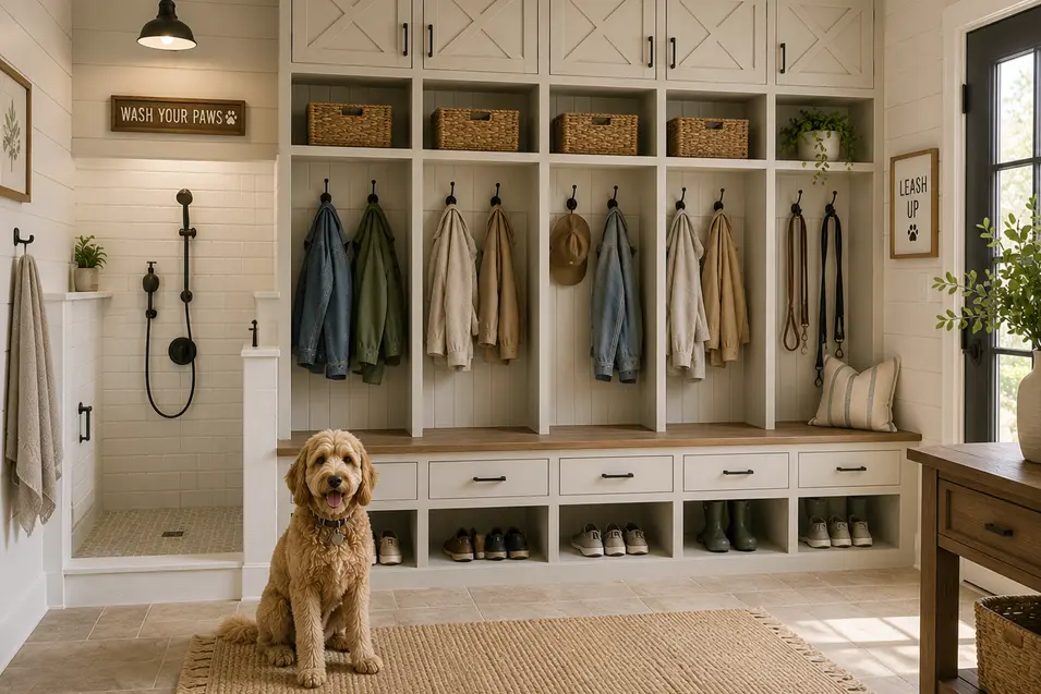 dog next to doggie shower