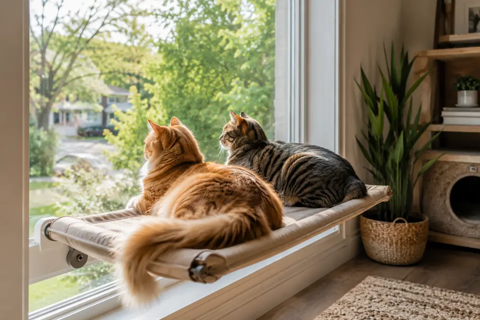 Two cats sharing a window perch in a sunny home, relaxing side by side while looking outside at the view in a peaceful, cozy setting.