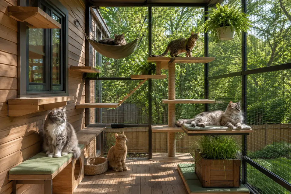 Multi-level catio interior with shelves, hammocks, scratching posts, and observation perches, where cats relax in a bright, modern outdoor enclosure.