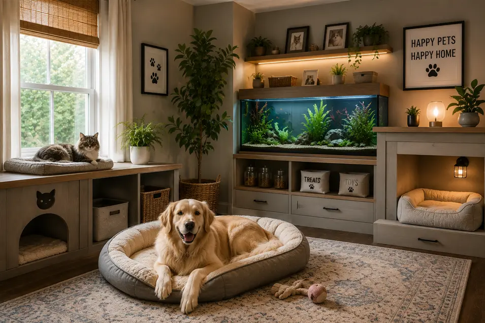 Luxury pet room converted from a spare bedroom featuring a Golden Retriever resting on a plush dog bed, a cat lounging on a custom window perch, and a large built-in aquarium surrounded by elegant cabinetry. The magazine-worthy space includes dedicated sleeping areas for both pets, organized storage for toys and treats, warm lighting, indoor plants, and upscale finishes designed for comfort and enrichment.