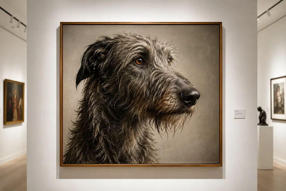 A striking Deerhound portrait displayed as gallery-quality artwork in a bright contemporary museum, framed by crisp white walls and dramatic spotlighting for a refined, elegant presentation.