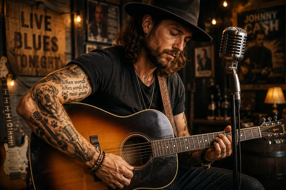 Country musician playing acoustic guitar with a meaningful dog-themed tattoo sleeve, vintage microphone, and warm, intimate studio lighting.
