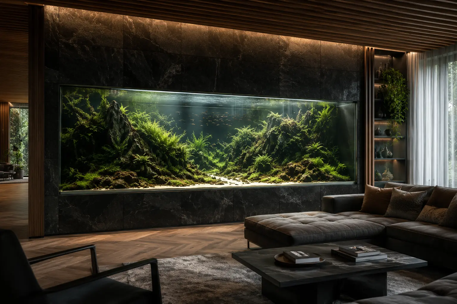 Photorealistic luxury living room featuring a large built-in nature aquascape aquarium with lush aquatic plants, rock formations, and warm ambient lighting.