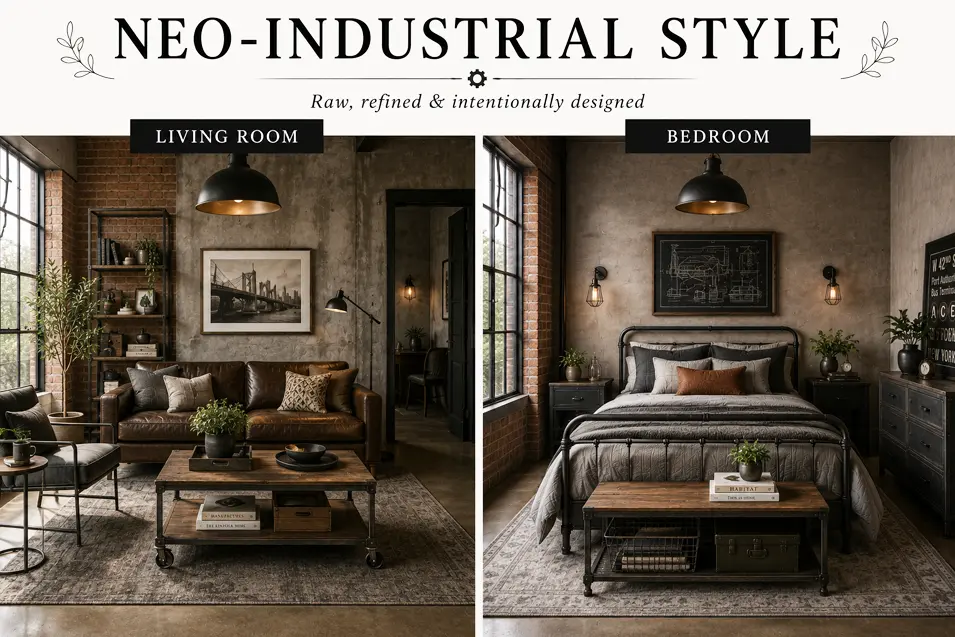 Neo-Industrial style interior showcase featuring a modern living room and bedroom with exposed brick, metal accents, dark tones and refined industrial character.