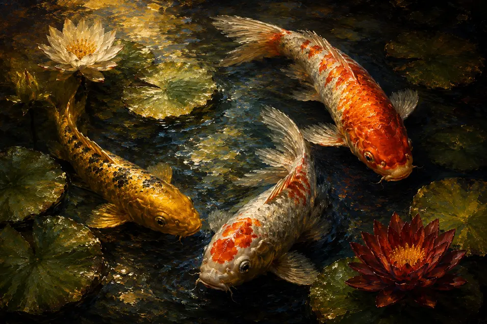 Classical oil painting of graceful koi fish in a lily pond, rich brushstrokes, dramatic lighting, and timeless museum-quality elegance.