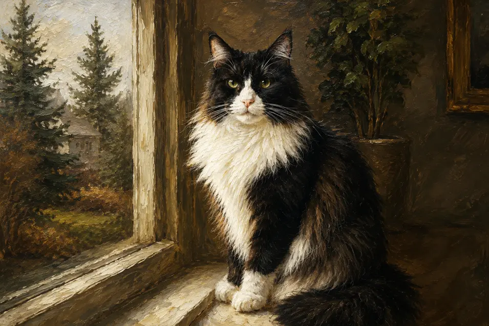 A regal tuxedo Maine Coon by a sunlit window, transformed into a classical oil painting with rich brushstrokes, dramatic lighting, and timeless museum-quality elegance.