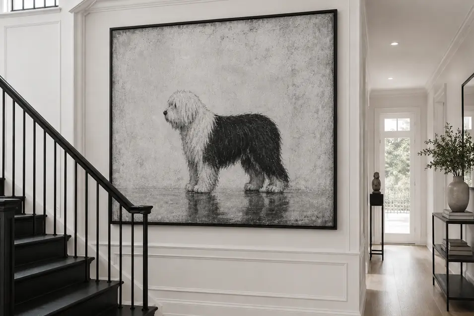 Modern staircase hallway featuring a large black-and-white Old English Sheepdog artwork, black stairs and railing, bright natural light, and minimalist decor.