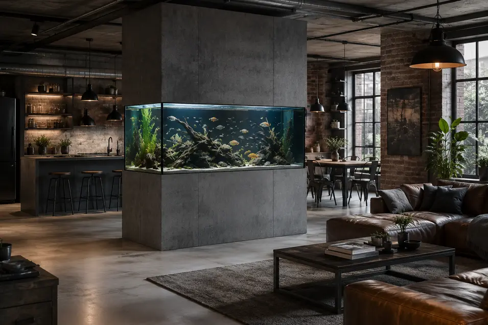 Industrial loft living space with a built-in aquarium room divider, exposed brick, concrete finishes, leather seating, and warm ambient lighting.