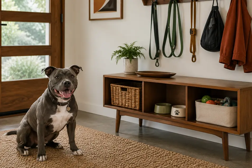 Staffordshire Bull Terrier sitting in a mid-century modern entryway with organized leash storage, pet toy bins, wood furniture, and a dedicated front-door pet gear station.