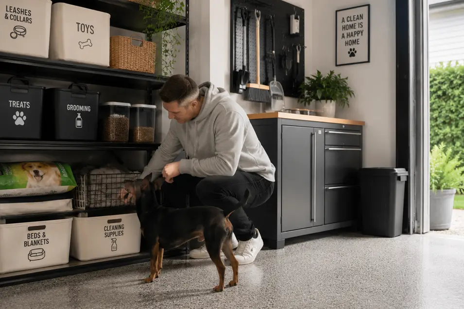 Man organizing pet supplies in a Scandinavian-style garage while a Miniature Pinscher stands nearby, surrounded by labeled storage bins for leashes, toys, treats, grooming, and bedding.