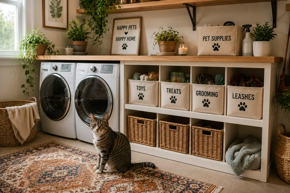Tabby cat sitting in a bohemian-style laundry room with organized pet supply storage, labeled bins for toys and grooming items, wicker baskets, and front-loading laundry appliances.