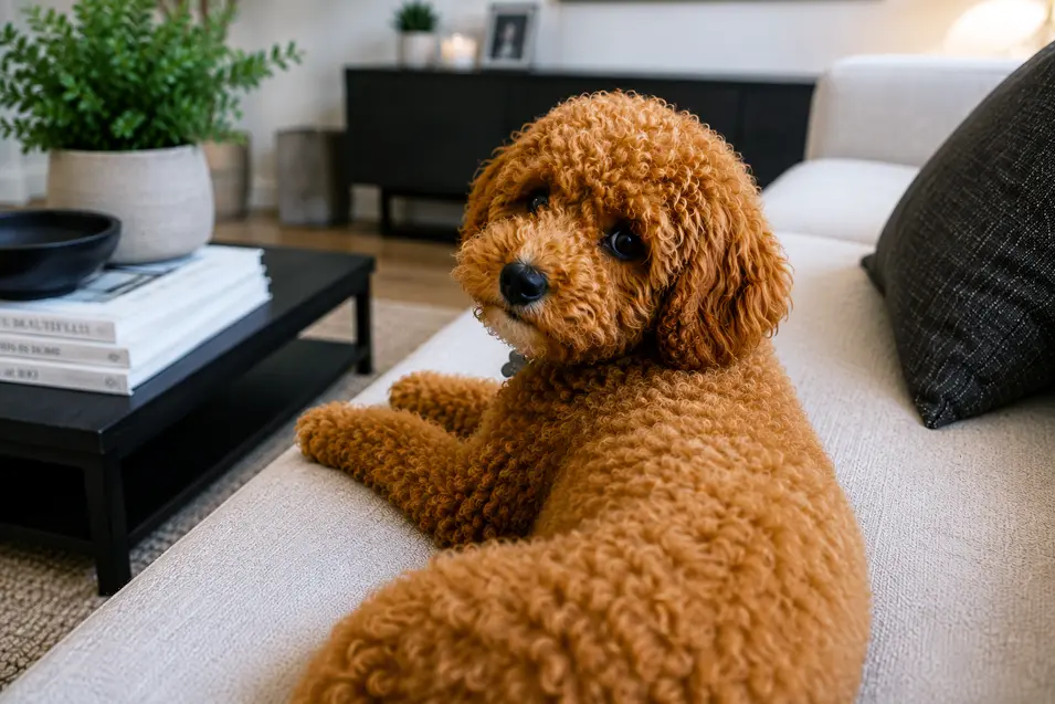 Curly-haired puppy relaxing on a modern beige sofa, looking over its shoulder in a cozy living room with warm lighting, neutral décor, and a calm atmosphere.