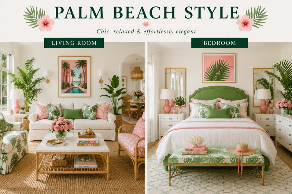 Palm Beach style interior showcase featuring a bright living room and bedroom with tropical prints, pink and green accents, rattan furniture and coastal glamour.