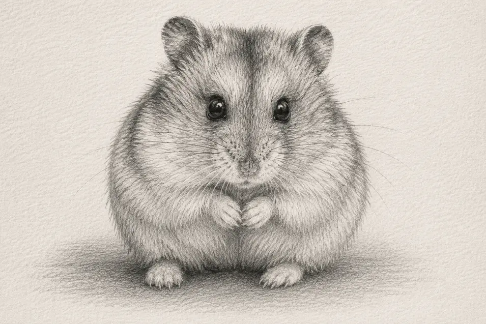 Highly detailed pencil sketch of a fluffy hamster with expressive eyes, realistic shading, and textured paper in a gallery-quality style.