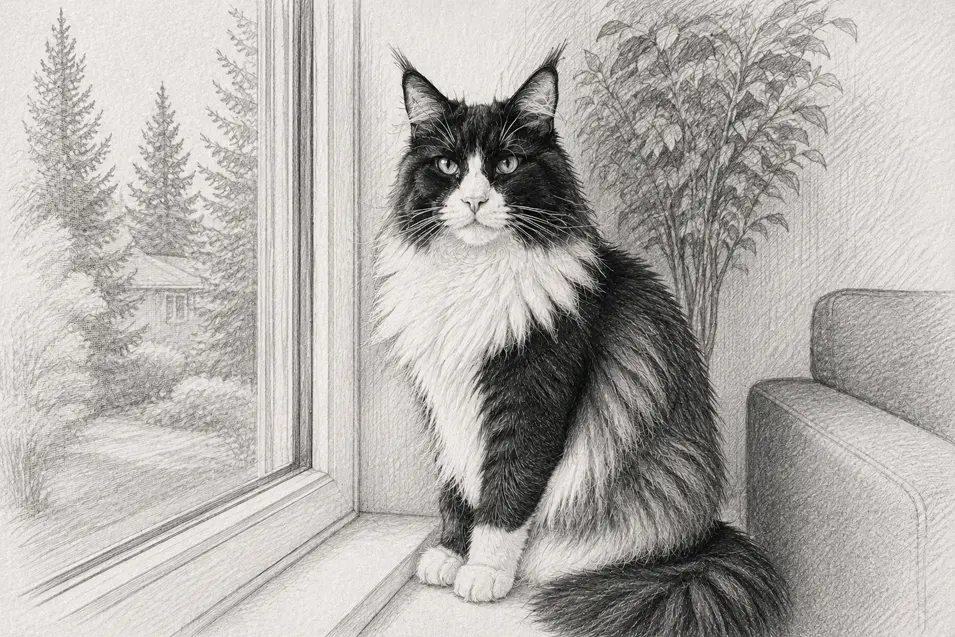 A highly detailed graphite pencil sketch of a majestic black-and-white Maine Coon cat on a windowsill, featuring realistic shading, expressive eyes, and textured paper.