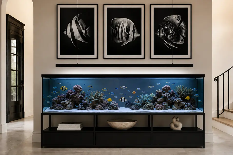 Modern luxury foyer featuring a large illuminated reef aquarium on a sleek black stand, beneath three black-and-white fish artworks, with elegant architectural details.
