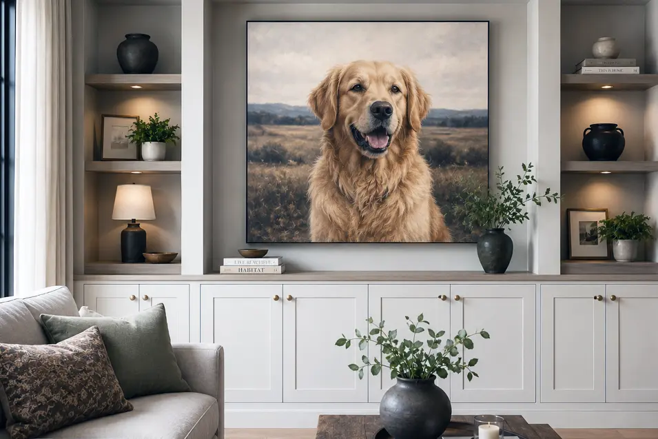 Elegant living room with custom built-in cabinets and shelving, featuring a large framed golden retriever portrait as the focal point above the cabinetry.