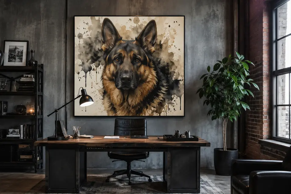 Industrial home office with a large German Shepherd watercolor portrait above a wood and metal desk, concrete walls, brick accents, and modern decor.