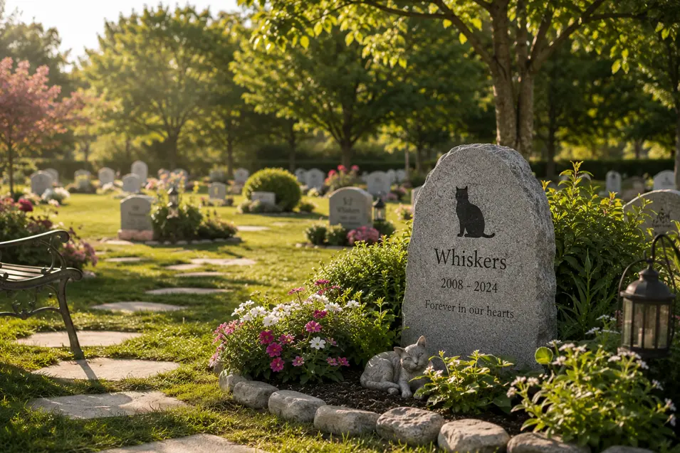 Serene pet cemetery with memorial markers, flowering gardens, stone paths, and shaded trees, creating a peaceful place for remembrance.