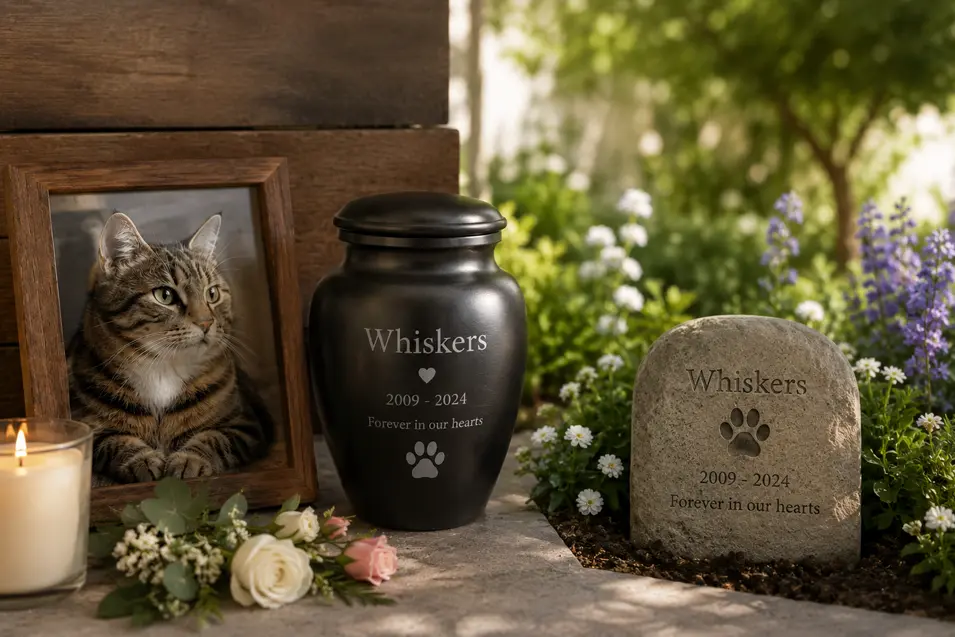 Pet memorial display featuring a personalized urn, framed cat photo, garden memorial marker, flowers, and candle in a peaceful outdoor setting.