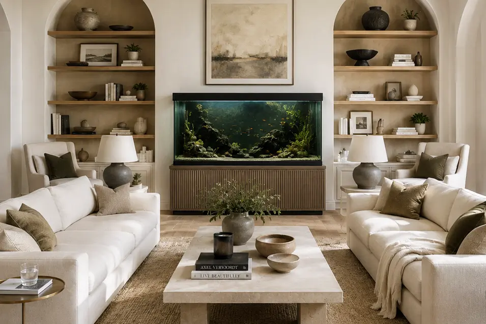 Luxury modern living room with cream sofas, built-in shelving, a large aquarium centerpiece, neutral decor, and warm natural light in a magazine-style interior.