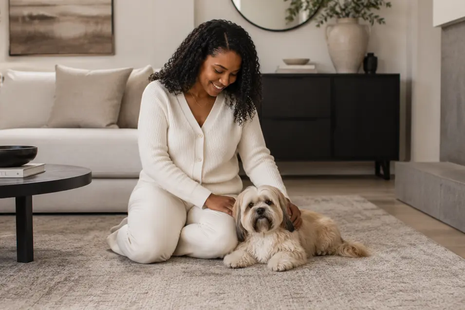 Black woman sitting on a large pet-friendly area rug in a bright minimalist living room, gently petting a Lhasa Apso while surrounded by neutral furnishings and modern décor, highlighting a stylish and durable rug choice for homes with pets.