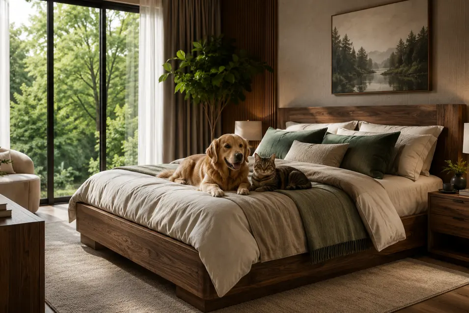 Luxury master bedroom with a solid wood platform bed, premium neutral bedding, a golden retriever and tabby cat resting on the bed, floor-to-ceiling windows, and serene forest views in warm natural light.