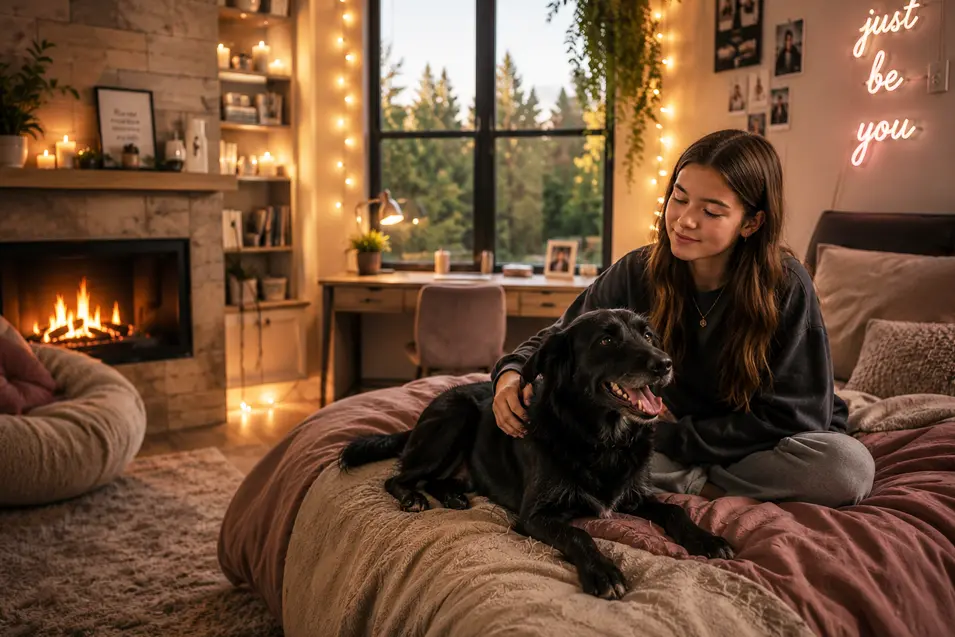girl and dog in the bedroom