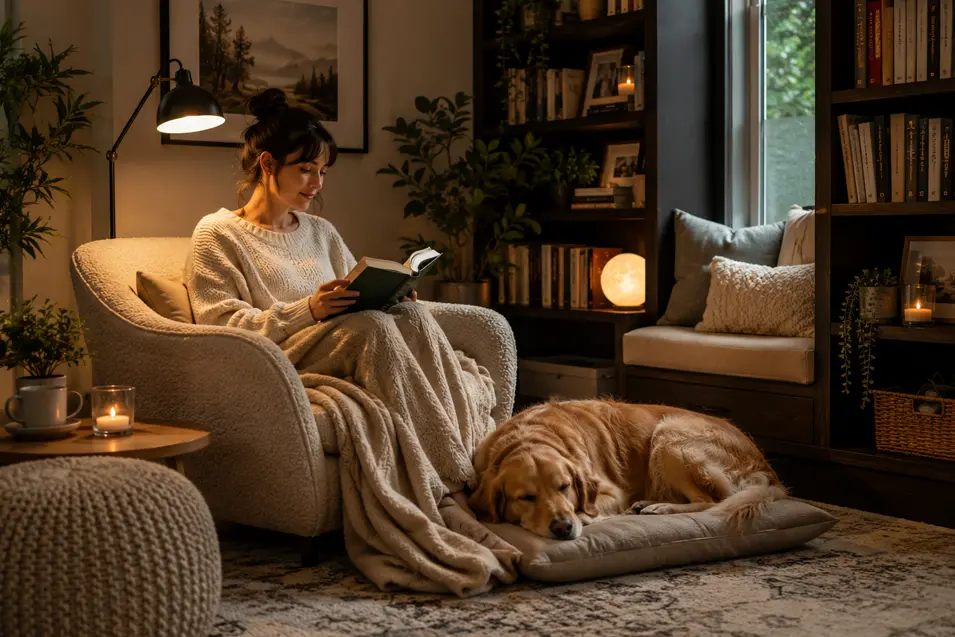 Woman reading in a cozy armchair beside a sleeping golden retriever, surrounded by bookshelves, warm lighting, soft blankets, and indoor plants.