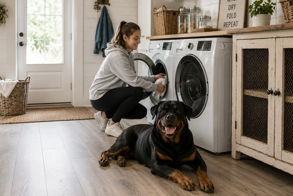 Teenage girl doing laundry in a bright farmhouse-style laundry room while a Rottweiler relaxes nearby, showcasing durable pet-friendly flooring, rustic cabinetry, and practical family-friendly design.