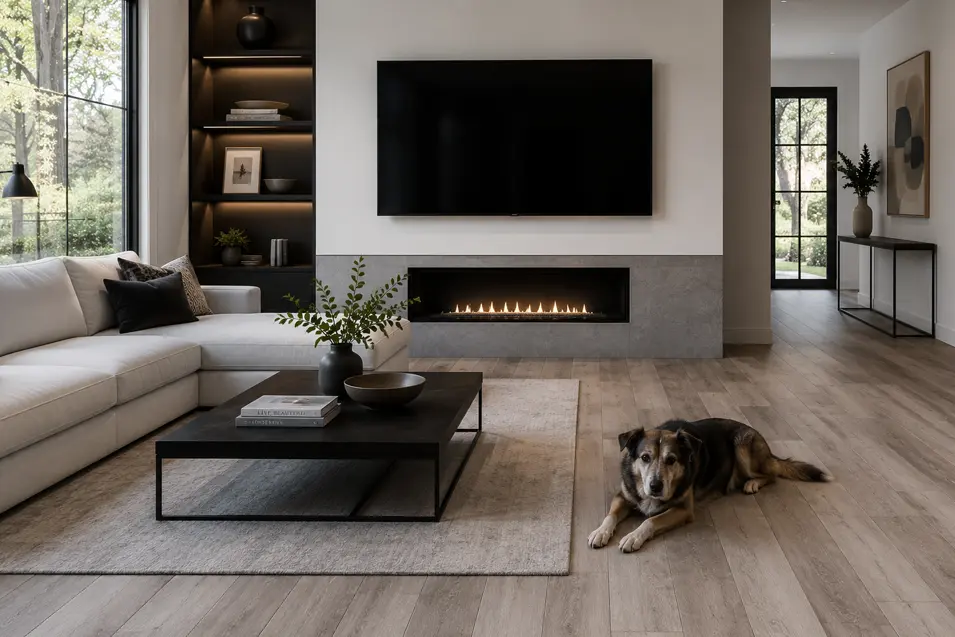 Modern luxury living room with light LVP flooring, neutral sectional sofa, linear fireplace, large windows, and a mixed-breed dog resting on the floor.