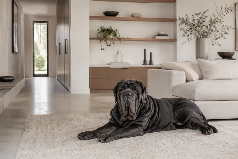 Neapolitan Mastiff resting on a large area rug in a bright, minimalist living room with clean architectural lines, neutral tones, built-in shelving, and pet-friendly design features, showcasing a luxury home renovation concept.
