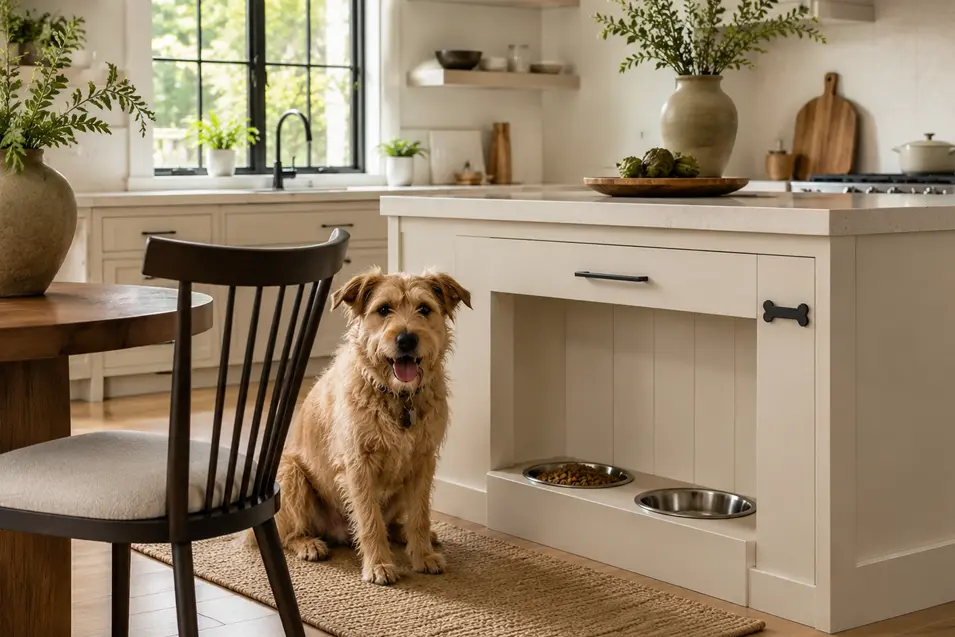 dog by the kitchen island