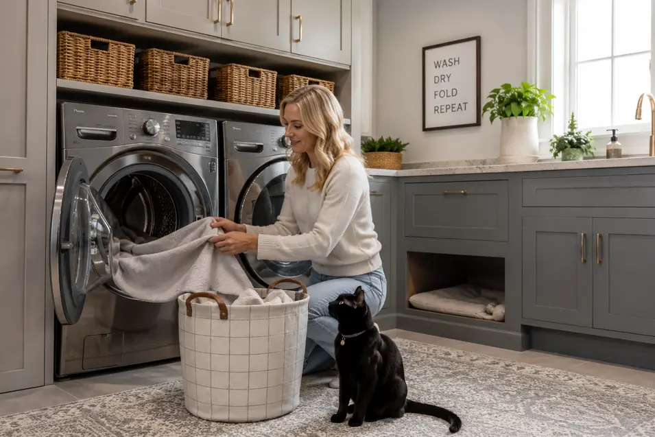 Blonde woman loading laundry in a luxury laundry room while a black cat sits nearby on a patterned rug, surrounded by custom cabinetry and pet-friendly design features.
