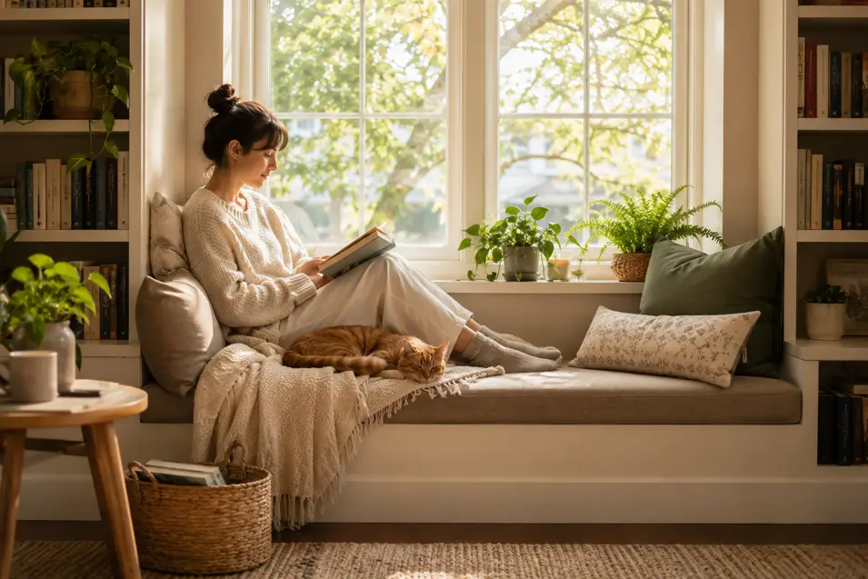 Woman reading on a cozy window bench with built-in bookshelves, soft blankets, indoor plants, and a sleeping orange cat in warm morning sunlight.