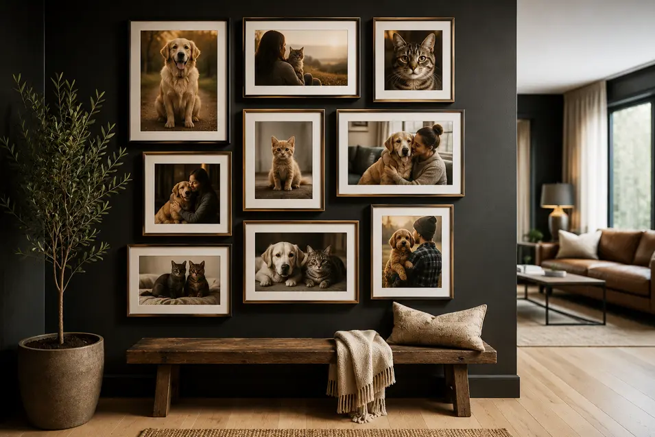 Elegant pet gallery wall featuring framed dog, cat, and pet-owner portraits on a black accent wall, with a rustic bench and bright modern living room beyond.