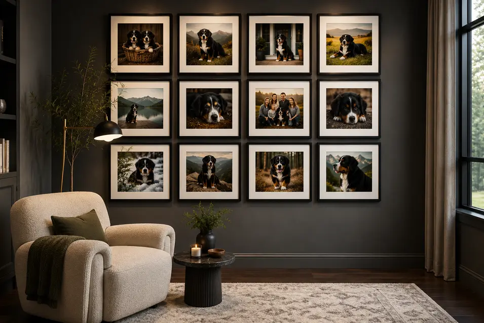 Modern lounge featuring a gallery wall of Bernese Mountain Dog portraits, a sculptural armchair, warm lighting, dark walls, and elegant contemporary decor.