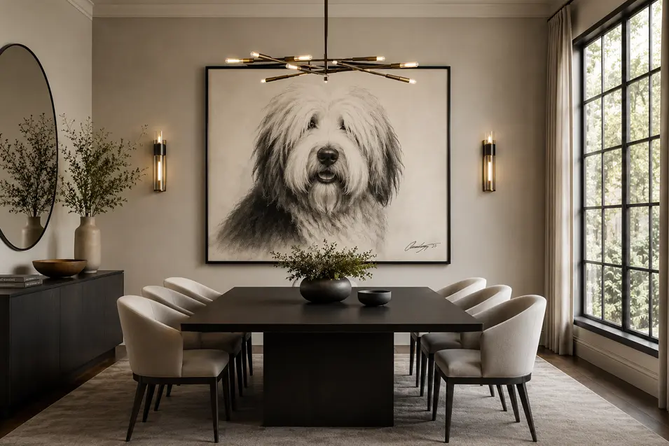 Modern dining room with a sleek designer dining set and a large signed charcoal portrait of an Old English Sheepdog, creating a striking gallery-style statement wall.