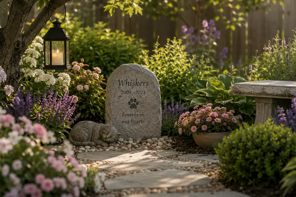 Pet memorial garden with a carved memorial stone, flowers, lantern, stone cat figurine, and garden bench in a peaceful landscaped setting.