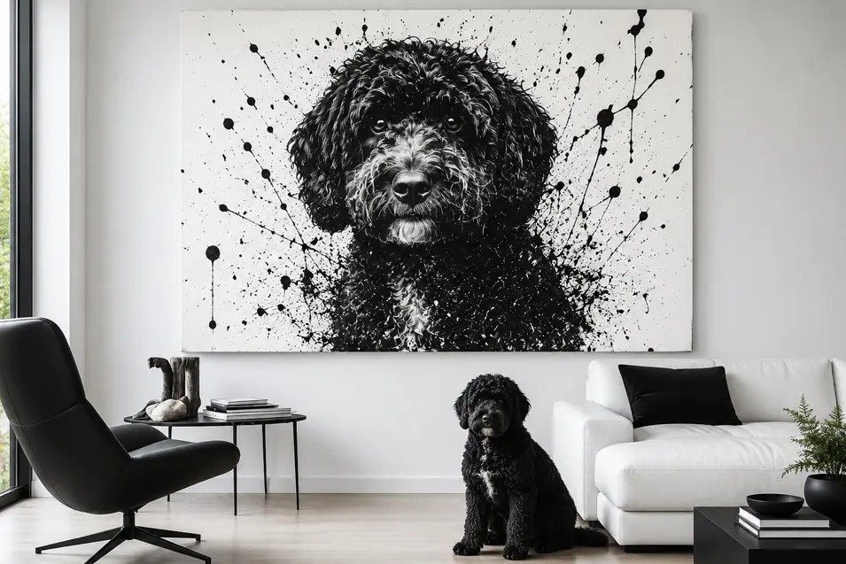 Modern monochrome living room with a white leather sofa, black lounge chair, Portuguese water dog portrait, and matching dog beneath the artwork.