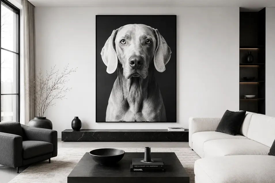 High-end minimalist living room with an oversized black-and-white dog portrait, sculptural furniture, and a refined monochrome palette.
