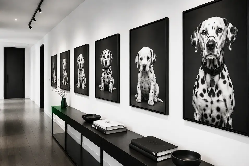 Modern monochrome hallway gallery featuring framed Dalmatian portraits from puppy to adult, styled in a sleek luxury black-and-white interior.