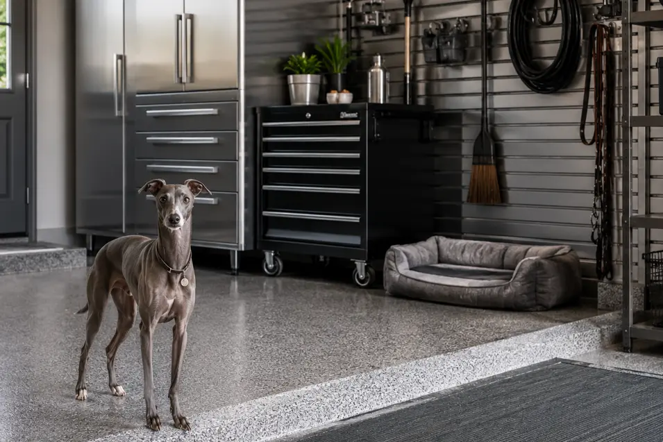 Italian Greyhound standing in a pet-proofed industrial-style garage with steel cabinetry, organized storage, polished concrete floors, and dedicated pet supplies in a clean, modern space.