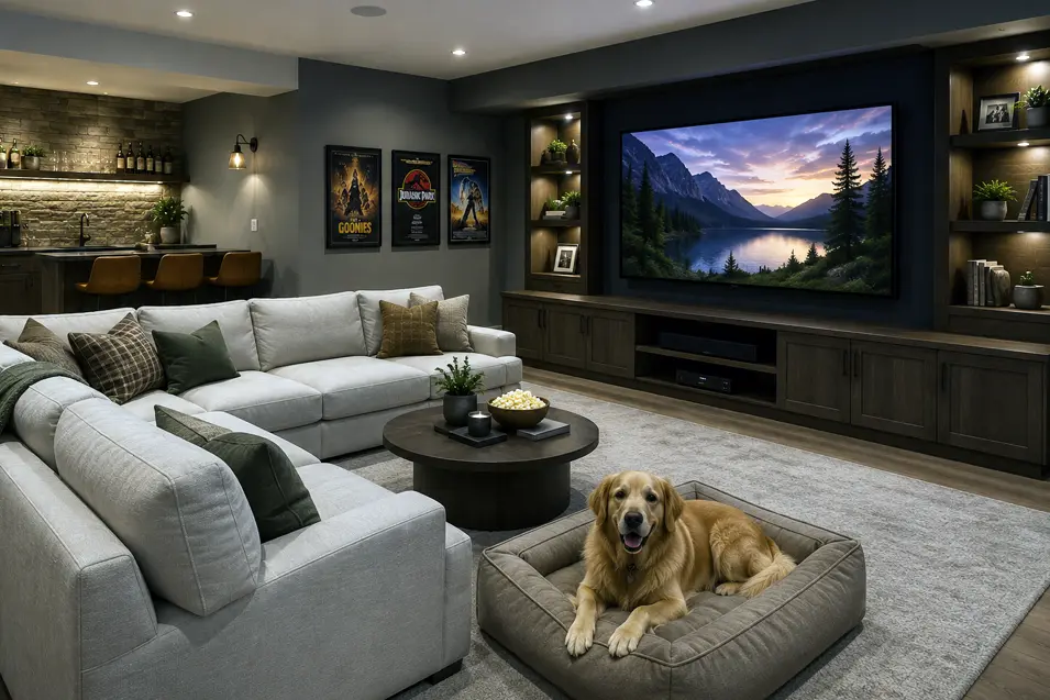 Modern basement entertainment room with a home theater, sectional sofa, wet bar, and golden retriever in a dog bed.