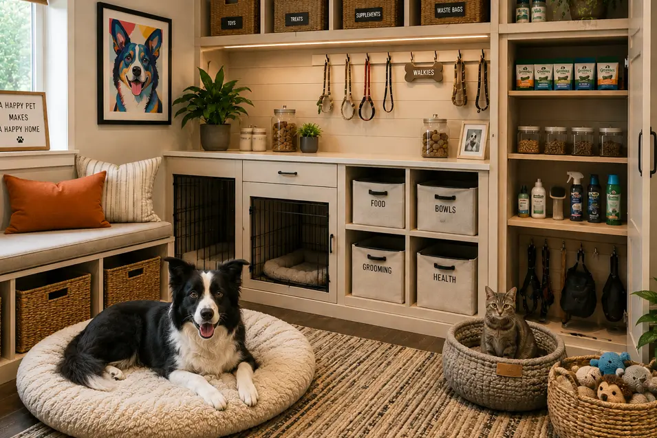 Beautifully organized pet room featuring a Border Collie relaxing on a plush dog bed and a tabby cat resting in a cozy basket. The space showcases custom built-in storage for pet supplies, treats, grooming essentials, leashes, and toys, along with integrated crate spaces, colorful dog artwork, warm lighting, and stylish cabinetry designed to keep pet items neatly organized.
