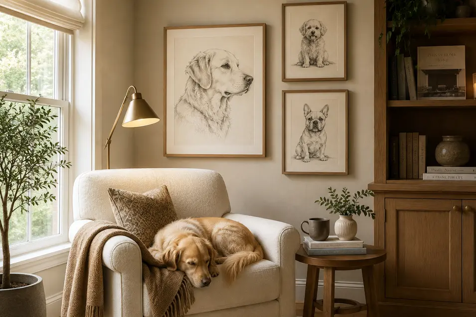Cozy reading nook with a sleeping golden dog, framed dog sketches, armchair, bookshelves, plants, warm lamp light, and soft neutral decor.
